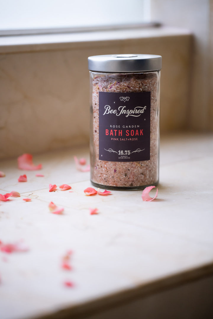 Rose Garden bath soak on bathroom counter 