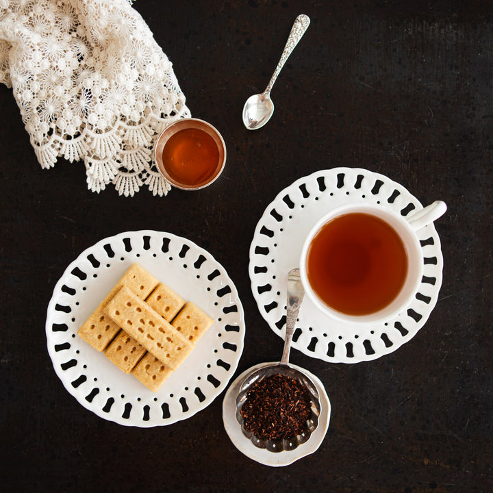 overhead Bee’s Knees Honeybush Tea with biscuits