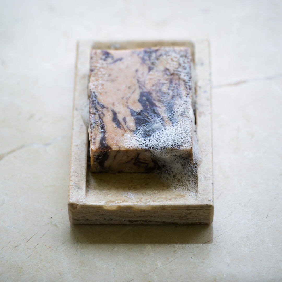 Coffee+Cream bar soap in dish tray with suds