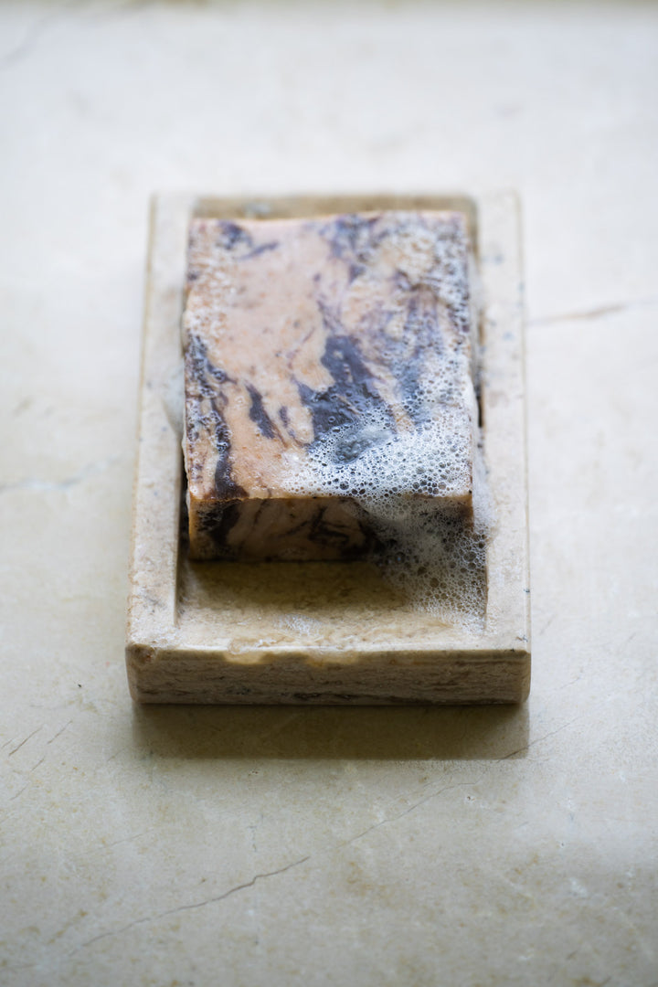 Coffee+Cream bar soap in dish tray with suds