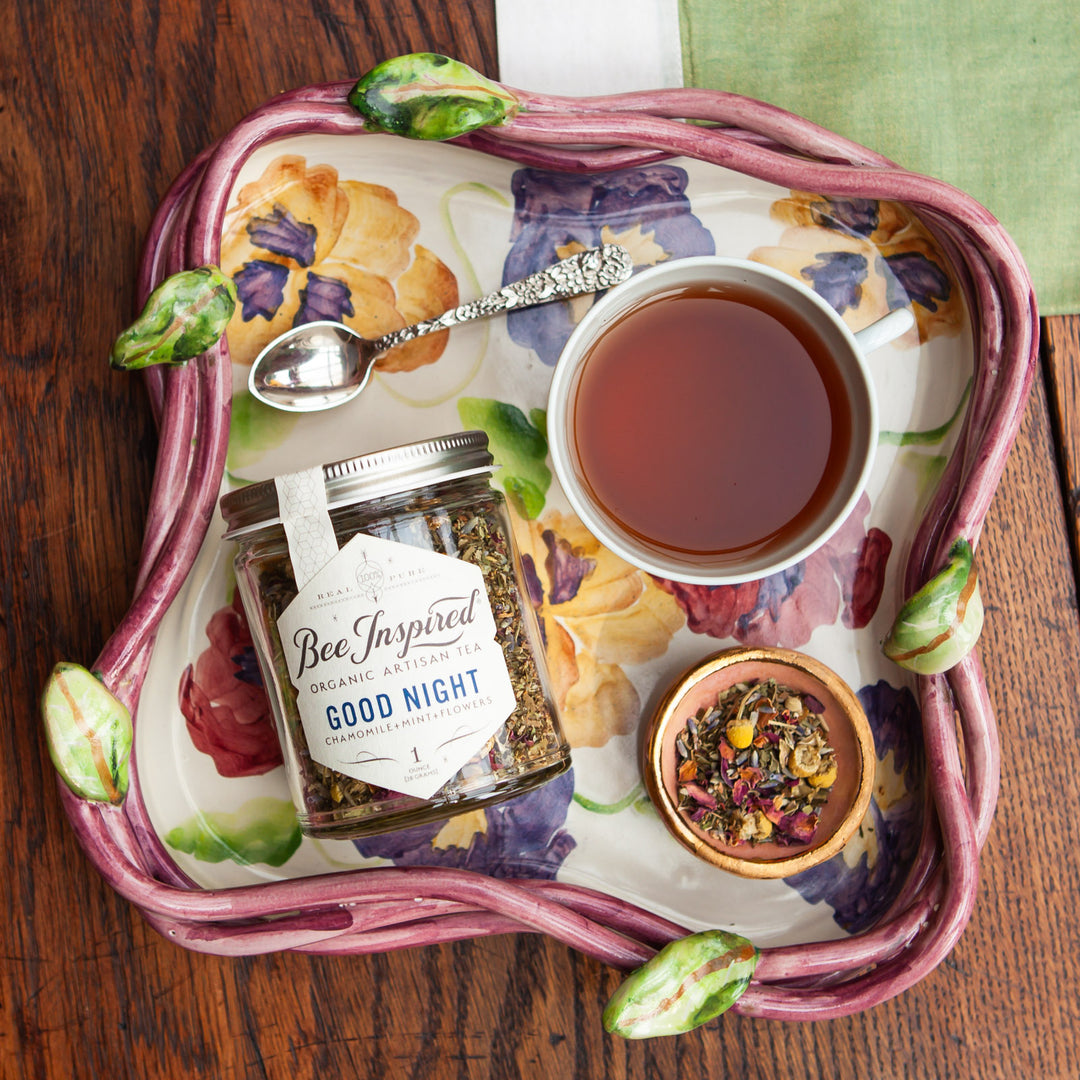 tray of Good Night Herbal Tea and tea and spoon