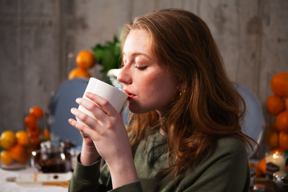 haley drinking Sunrise Assam Tea