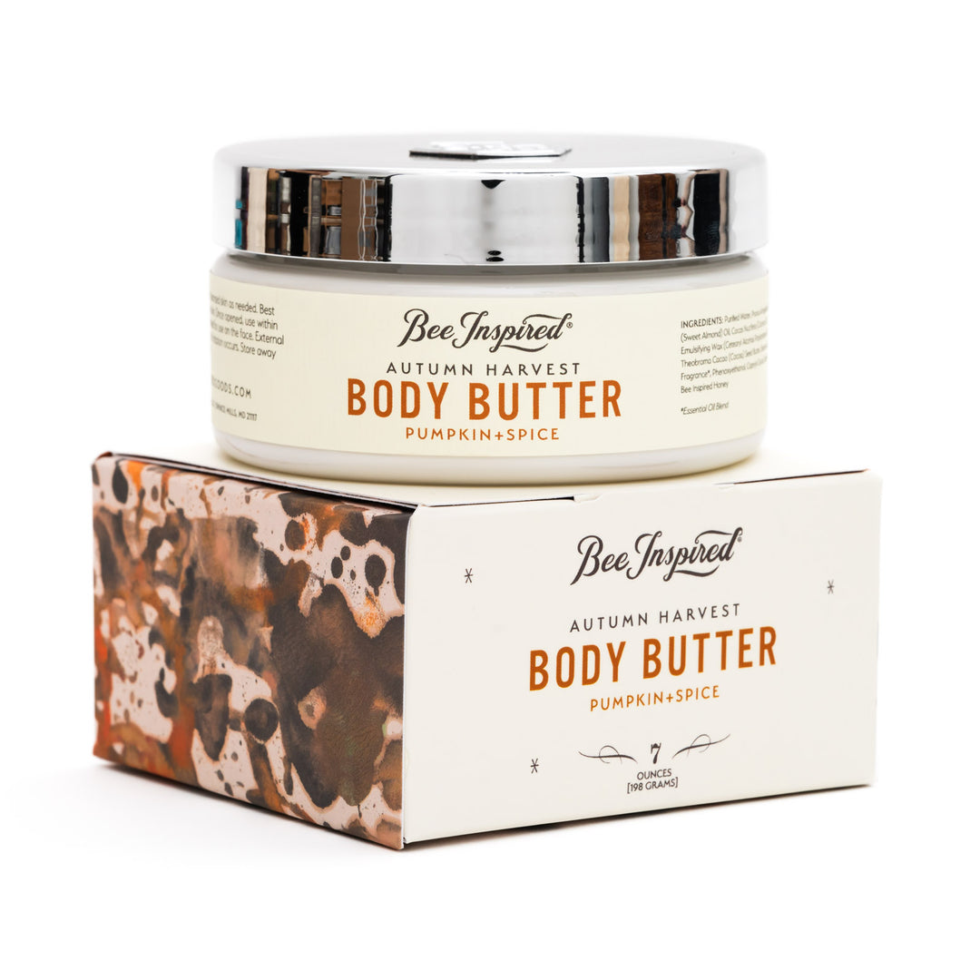 Autumn Harvest body butter with package on white background 