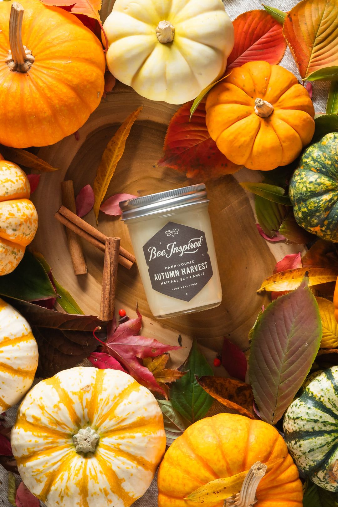 Autumn Harvest jelly jar candle flat lay with pumpkins and cinnamon sticks 