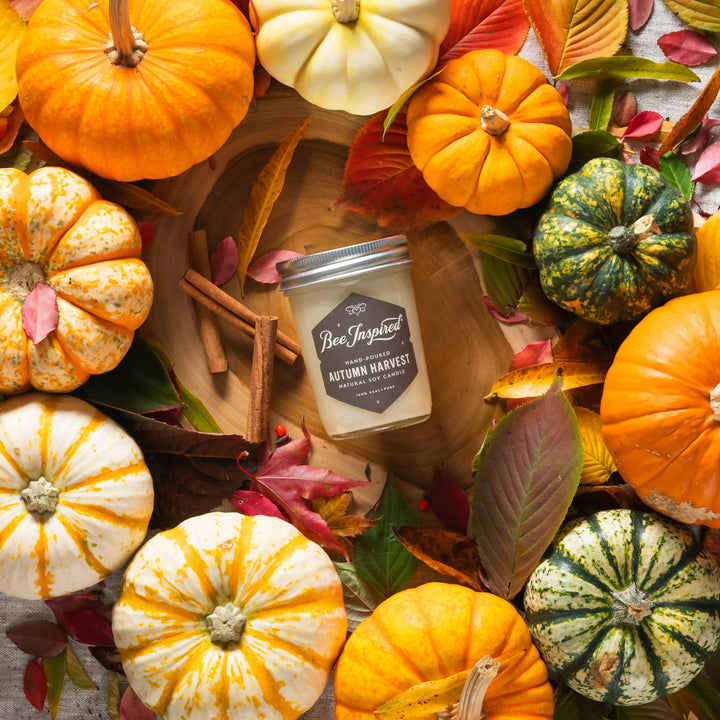 Autumn Harvest jelly jar candle flat lay with pumpkins and cinnamon sticks 