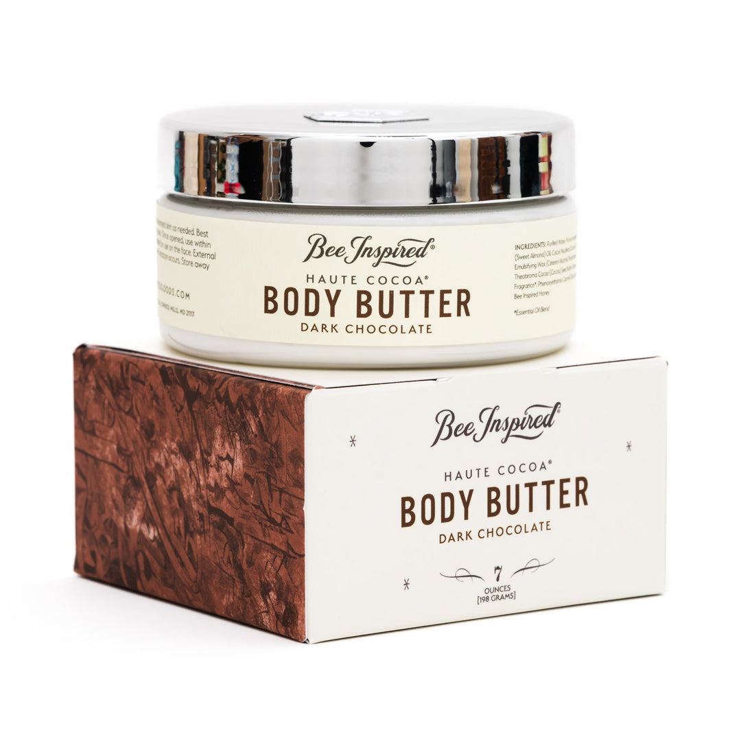 Haute Cocoa body butter and package on white background 