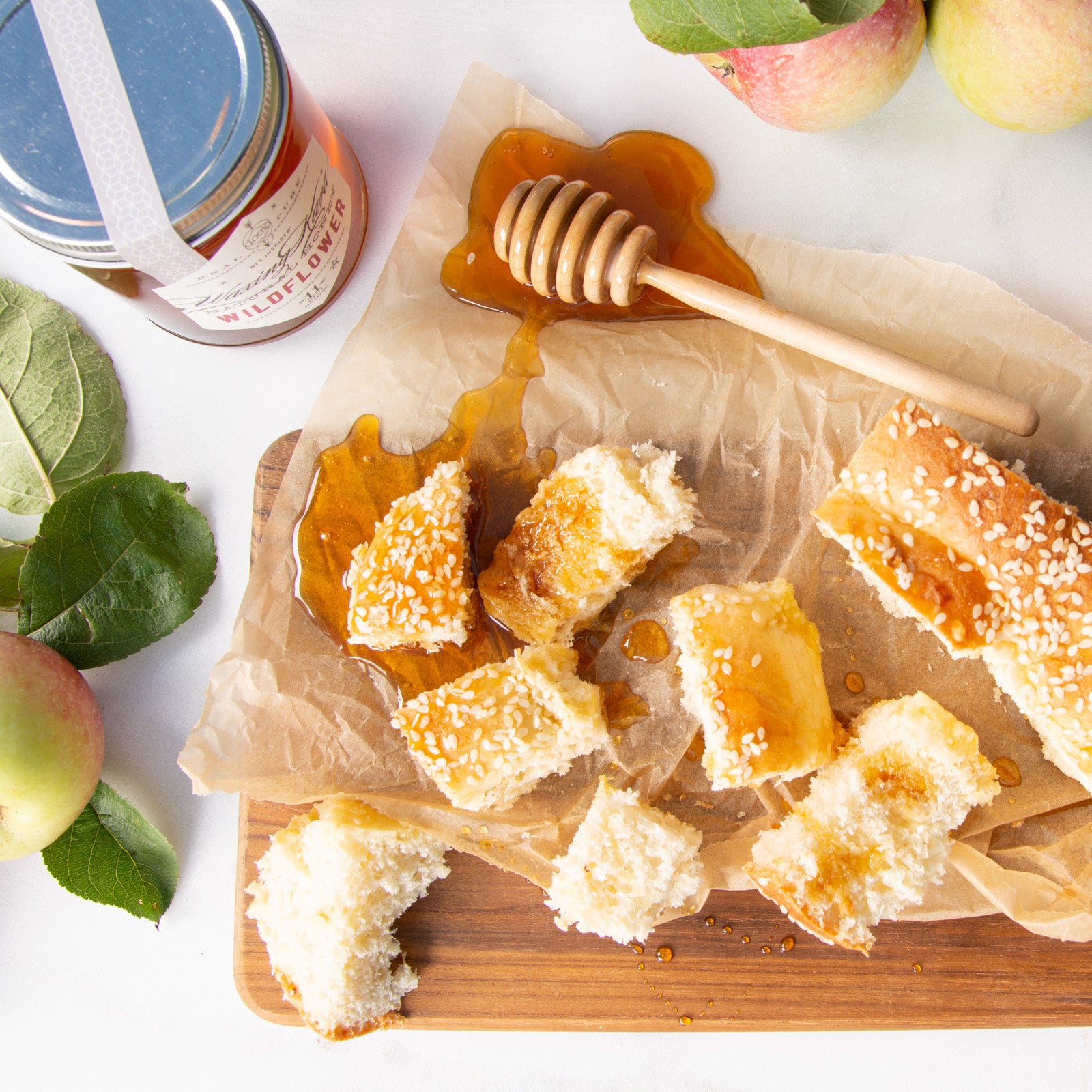 Wildflower honey drizzled over bread 