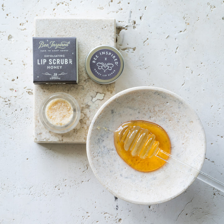 honey lip scrub and honey on soap dish 