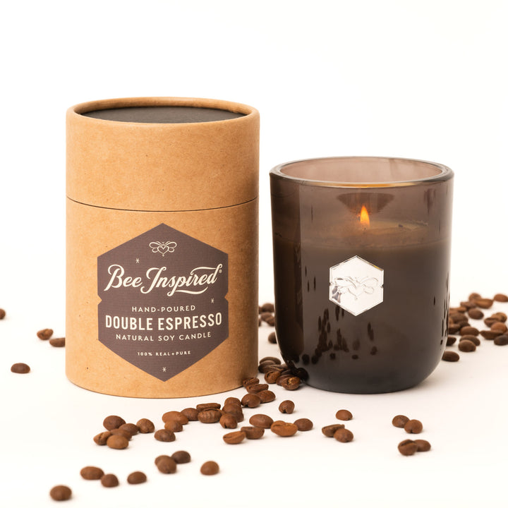 Double Espresso luxe candle and espresso beans on white 