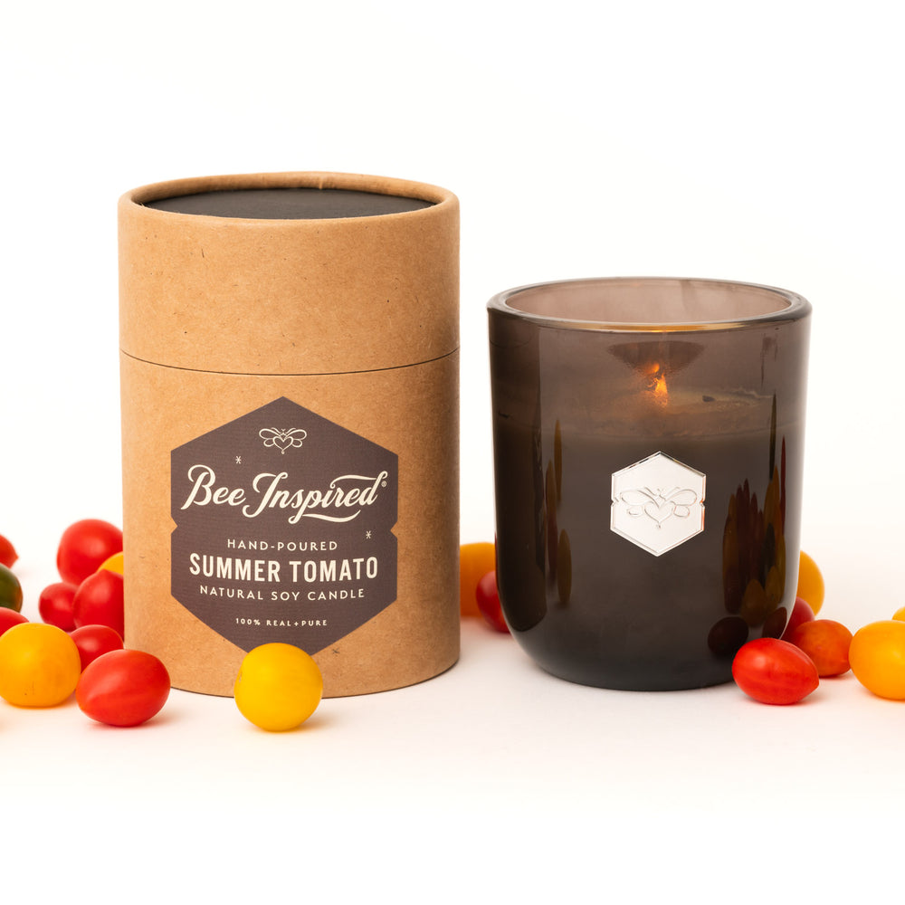 Summer Tomato luxe candle with tomatoes on white 