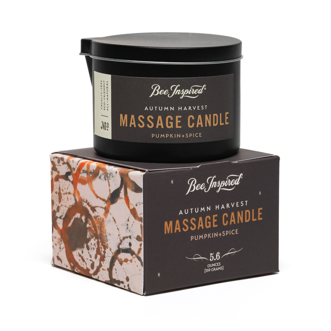 Autumn Harvest massage candle and box on white 