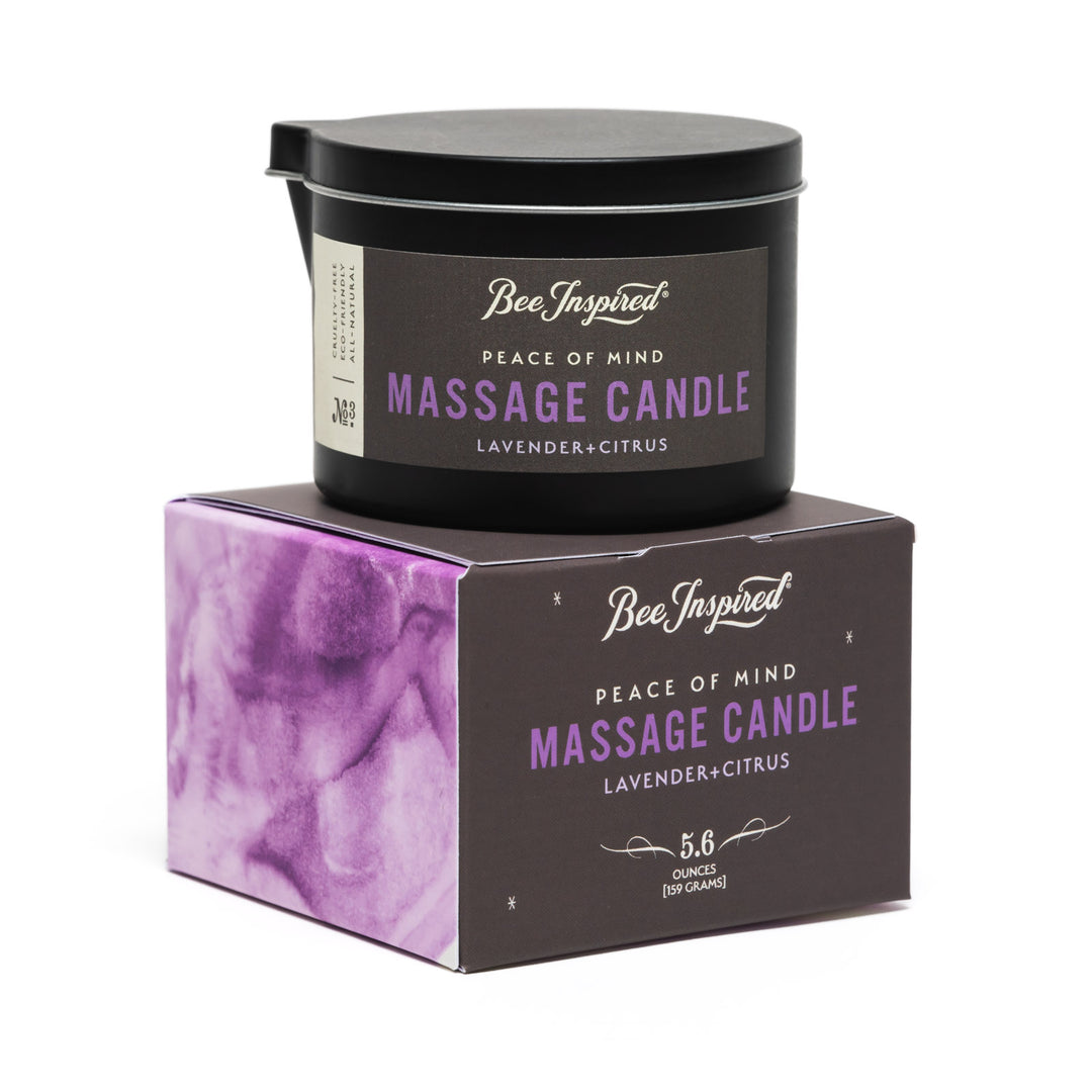 Peace of Mind massage candle and box on white 