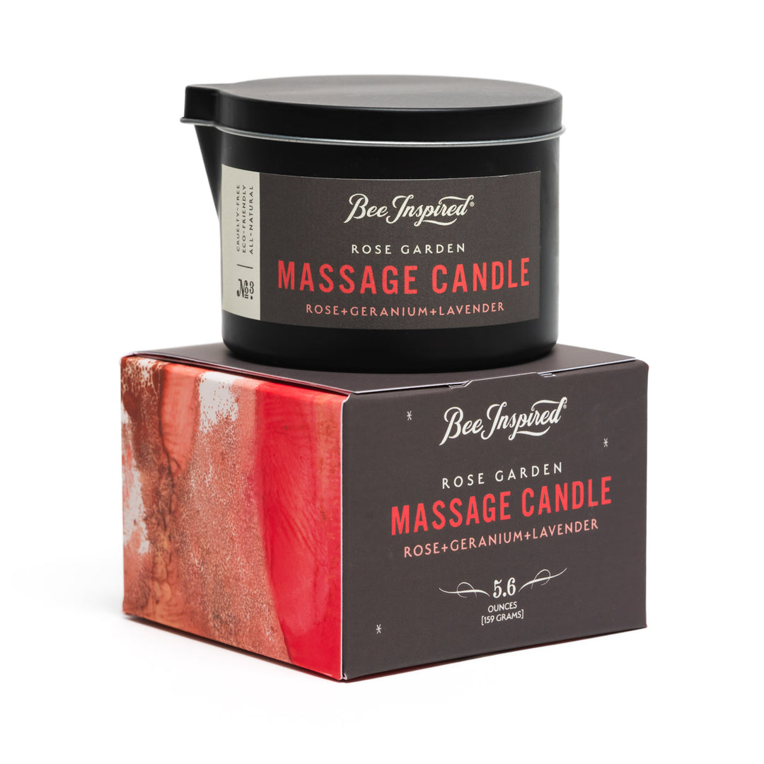 Rose Garden massage candle and box on white 