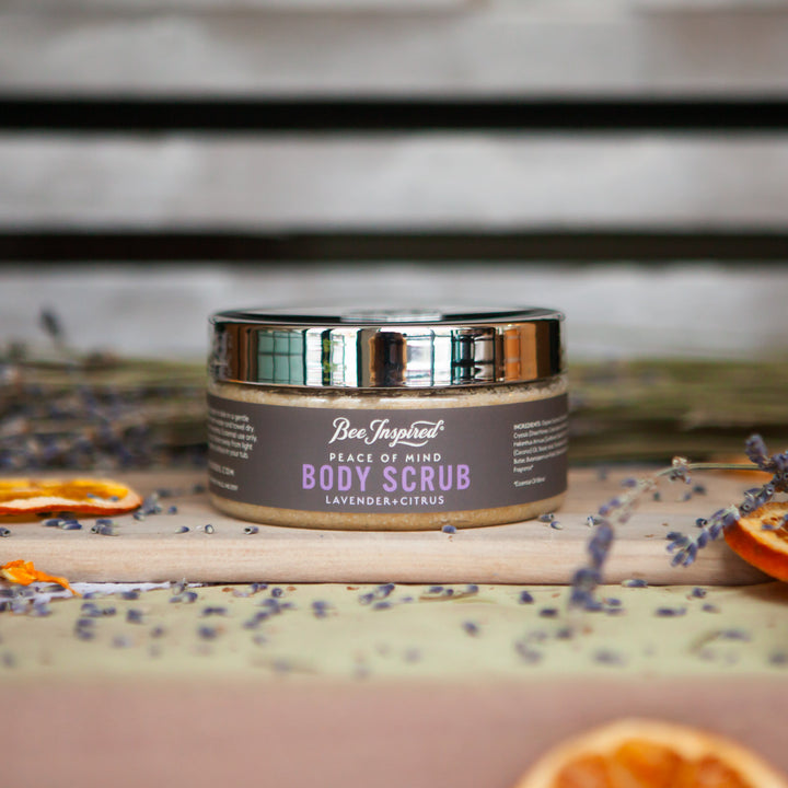 peace body scrub with orange slices and lavender