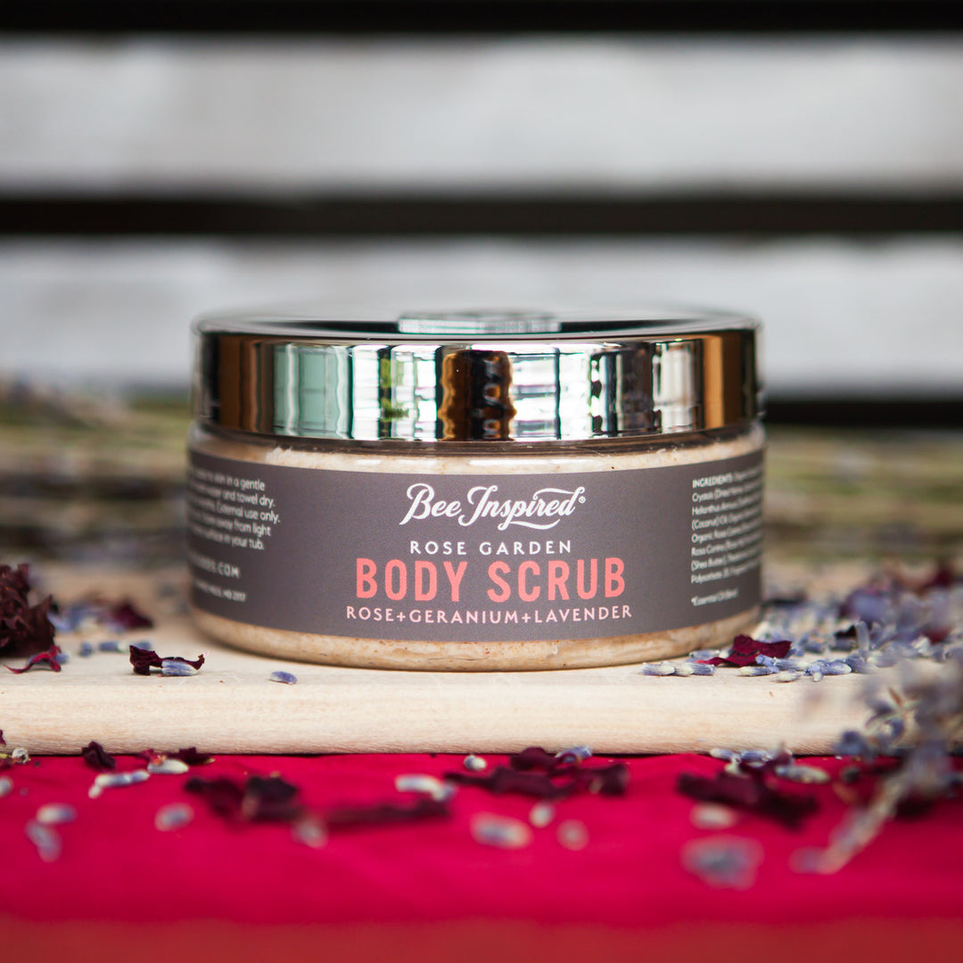 rose garden body scrub from bee inspired honey retail store in owings mills with rose petals and lavender