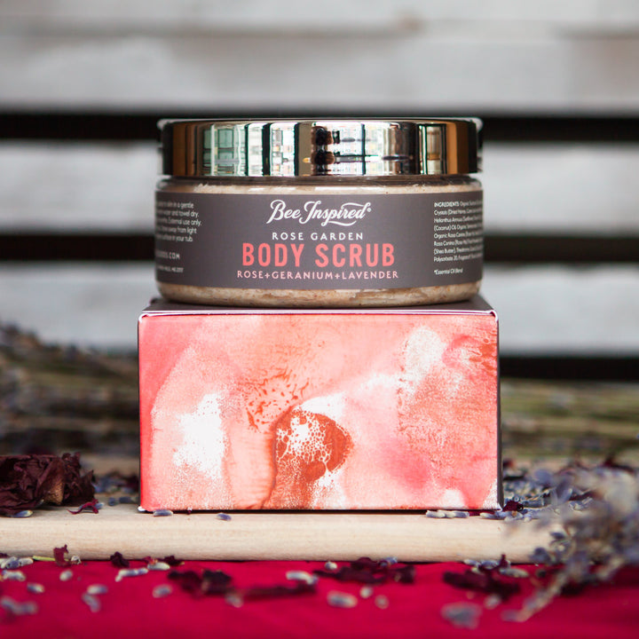 rose garden scrub from bee inspired honey retail store in owings mills on its box with rose petals and lavender