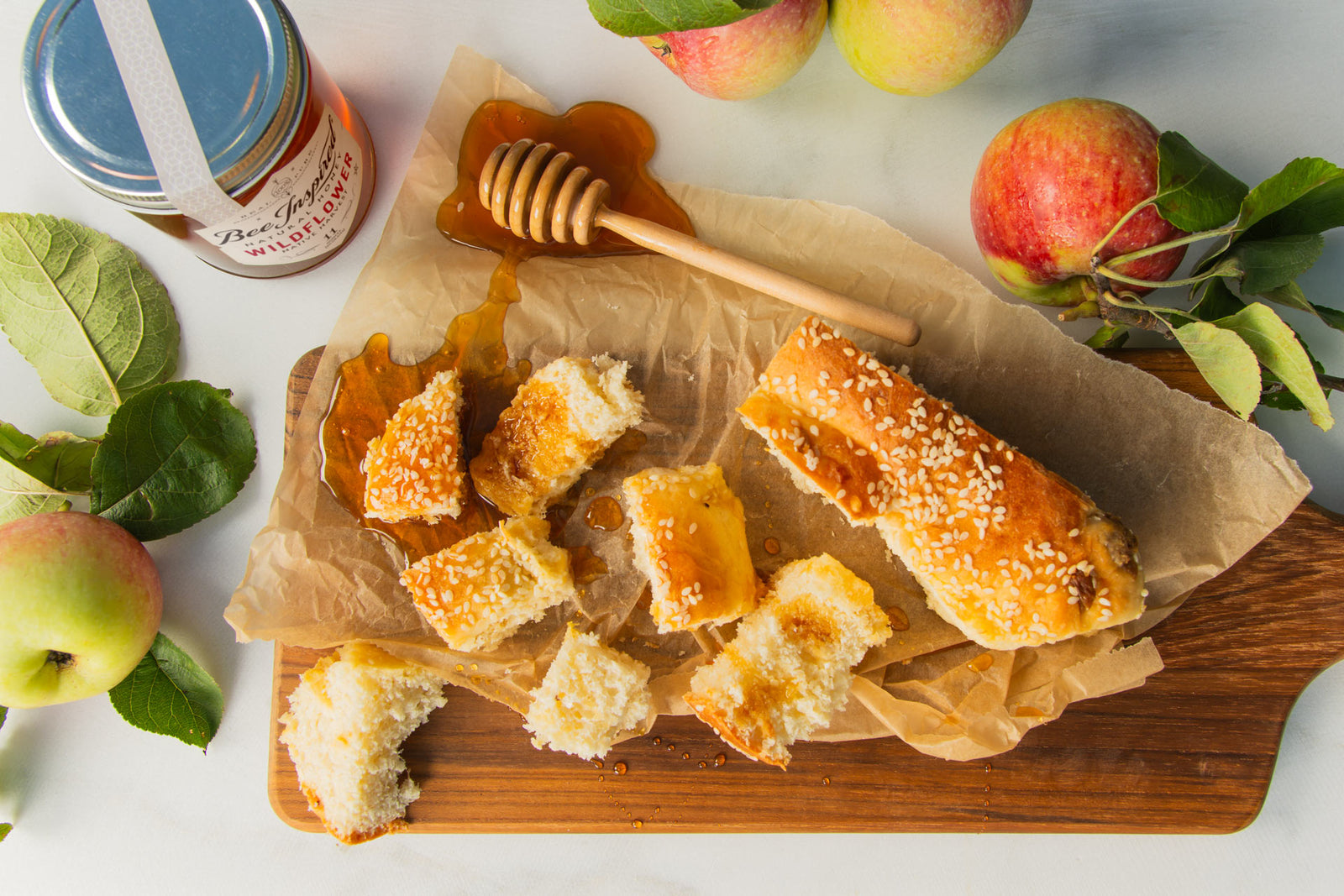 Wildflower honey drizzled over bread 