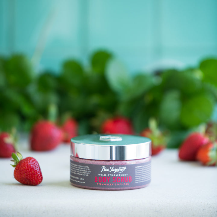 Wild Strawberry body scrub with fresh strawberries 