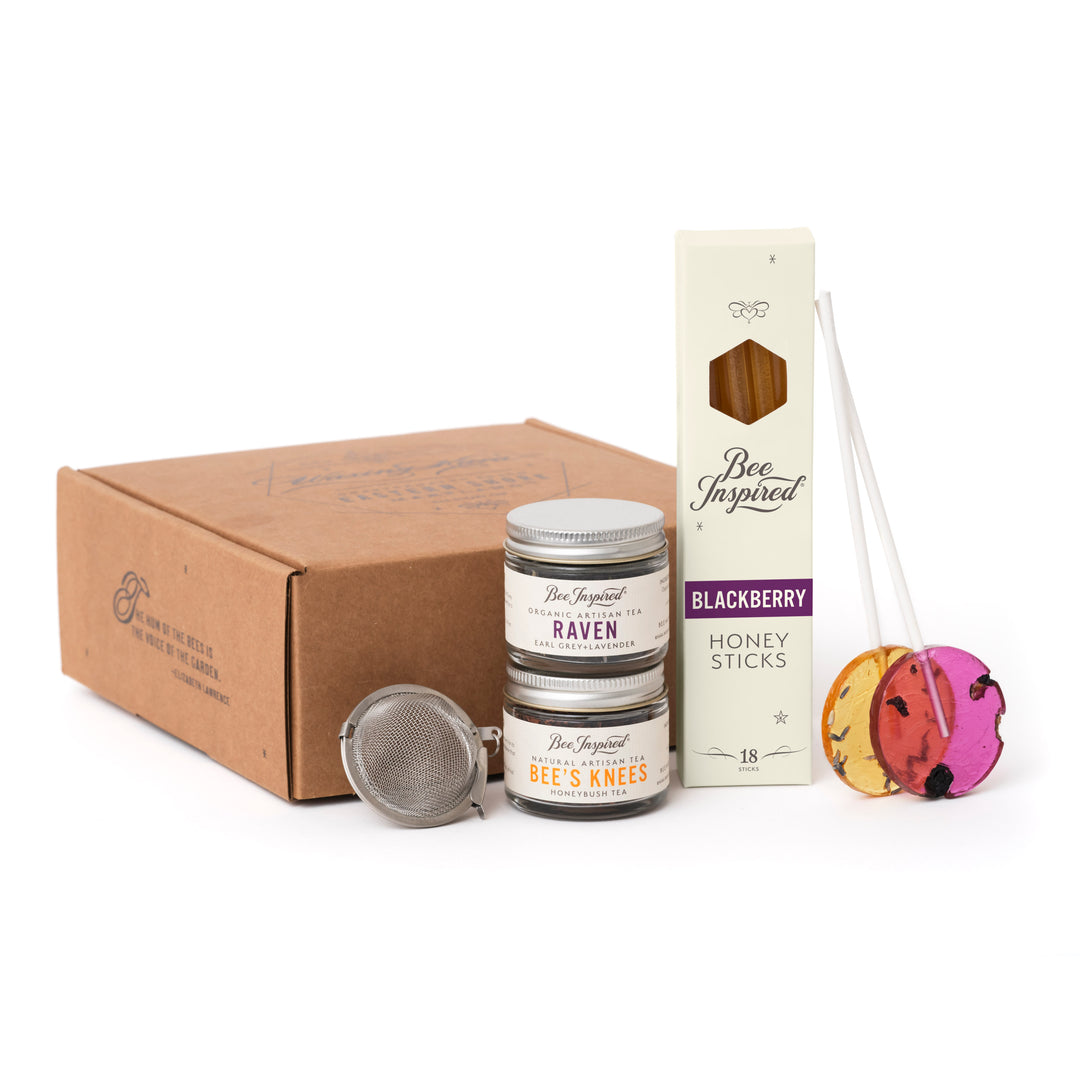 tea and honey set with box on white