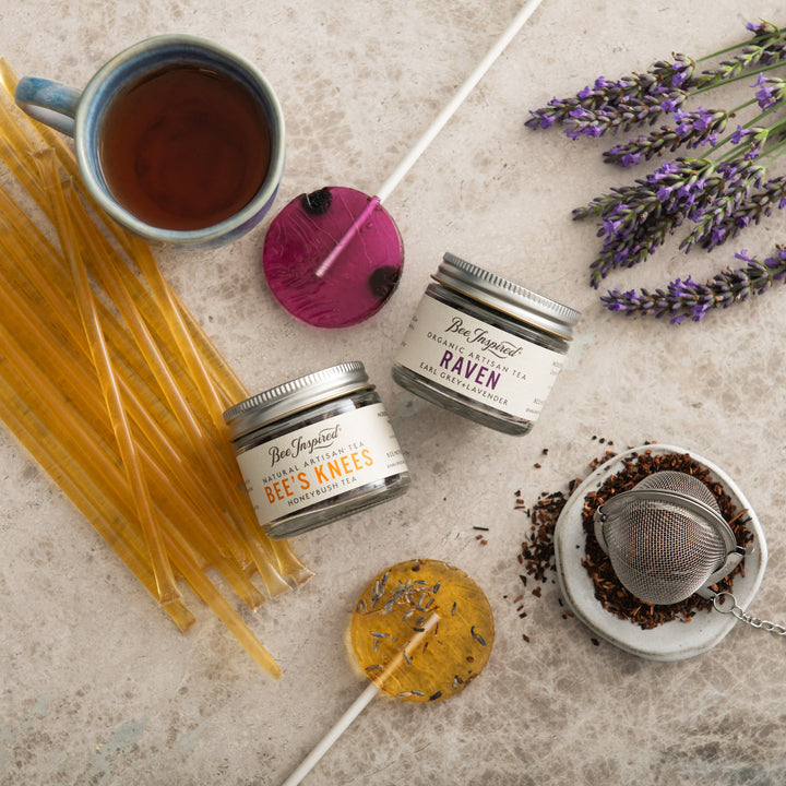 components of tea and honey set with lavender 