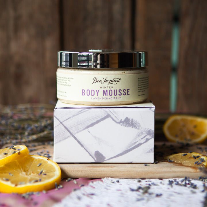 winter mousse from bee inspired honey retail store in owings mills on its box with lemon slices and lavender