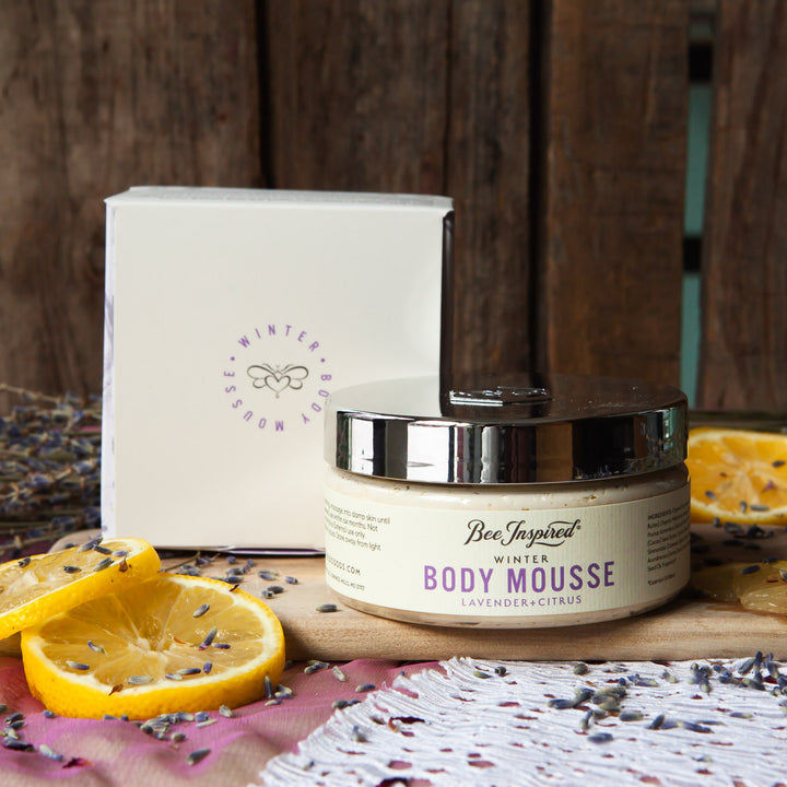 winter mousse from bee inspired honey retail store in owings mills with its box, lemon slices, and lavender