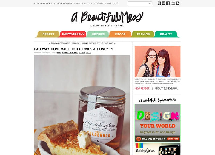 Screenshot of A Beautiful Mess article featuring buttermilk and honey pie 