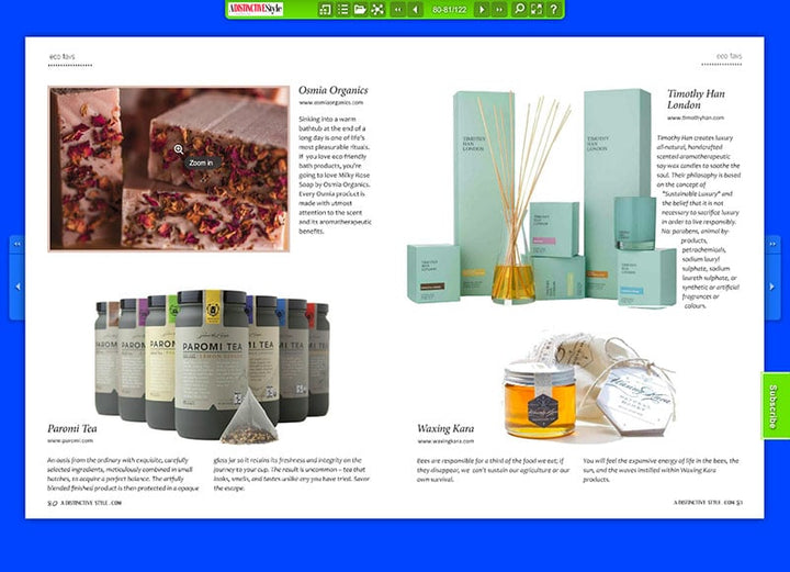 Image of a Distinctive Style article featuring Osmia Organics, Timothy Han London, Paromi Tea, and Waxing Kara 