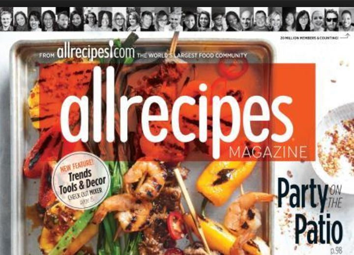 Cover of AllRecipes magazine with grilled shrimp and vegetables 