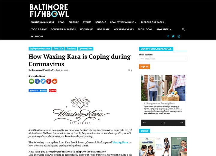 Image of Baltimore Fishbowl article with headline "How Waxing Kara is Coping during Coronavirus" 