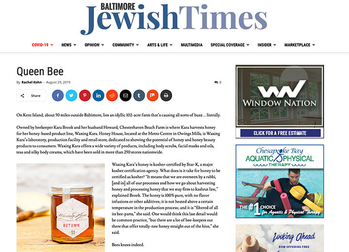 Image of Baltimore jewish Times article discussing Bee Inspired kosher-certified honey 