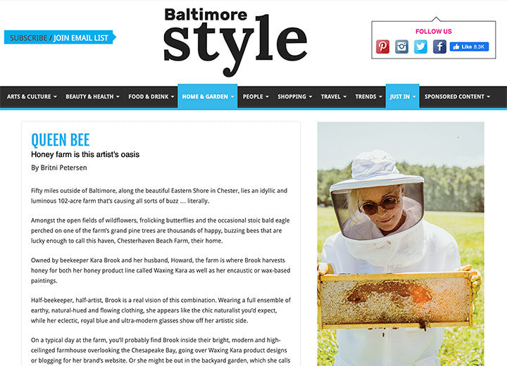 Image of Baltimore Style magazine featuring Kara in her beekeeping suit with headline "Queen Bee" 