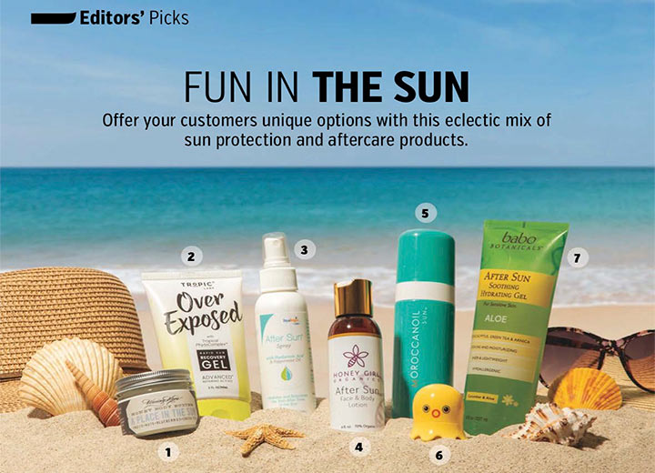 Image of Editor's Picks article featuring sunburn products on the beach, including A Place in the Sun body butter 