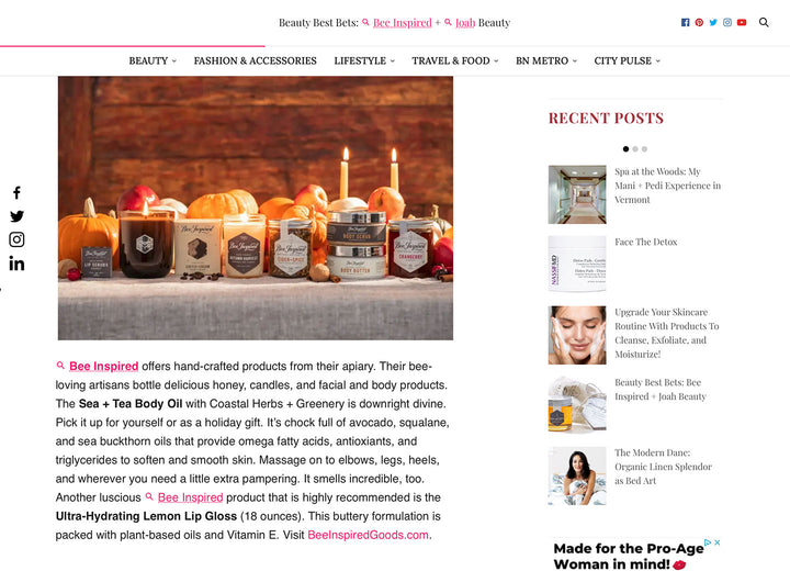 Image of Beauty News NYC article featuring the Bee Inspired Autumn Harvest collection 