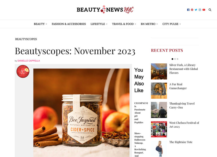 Image of Beauty News NYC article featuring Bee Inspired Cider + Spice tea 