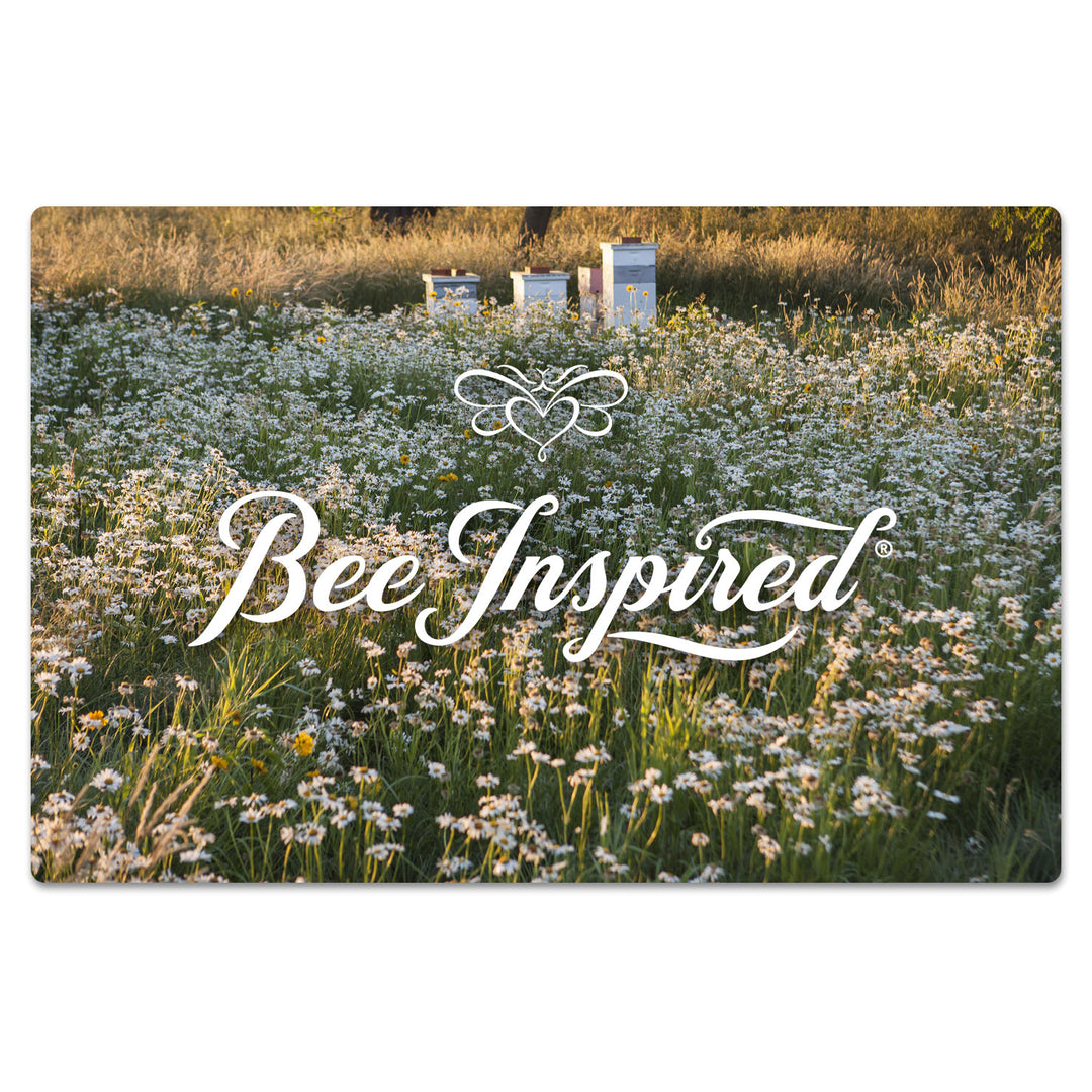 White Bee Inspired logo in front of filed of wildflowers and hive boxes 