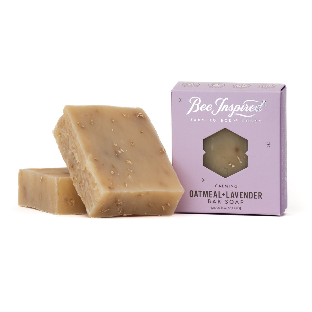 Oatmeal+Lavender soap in and out of box on white 