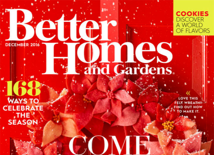 Cover of Better Homes and Gardens magazine with red floral wreath on red door 