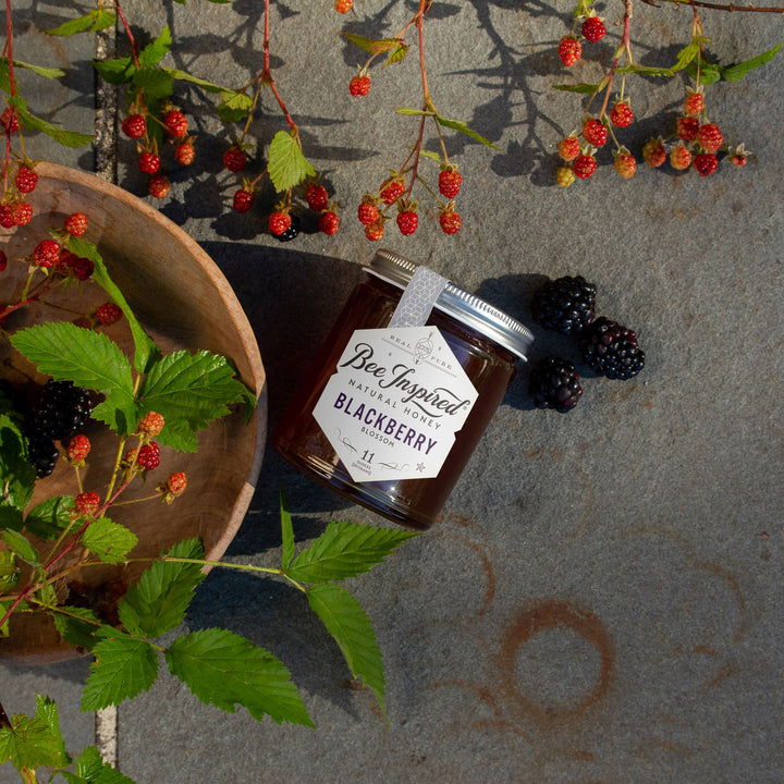 Blackberry honey flat lay with berries 