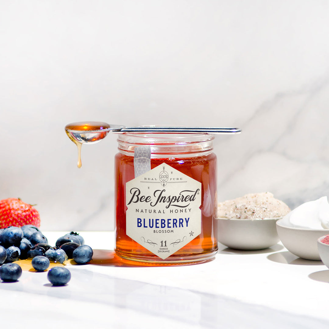 blueberry blossom honey with fruit and baking ingredients 