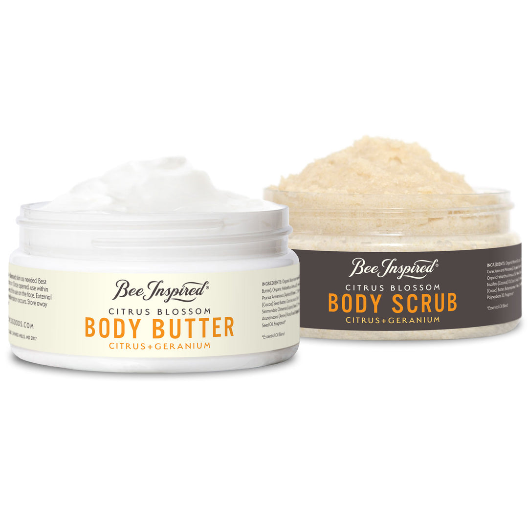 Citrus Blossom butter and scrub duo on white 