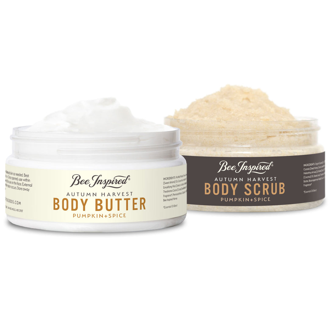 Autumn Harvest body butter and scrub on white 