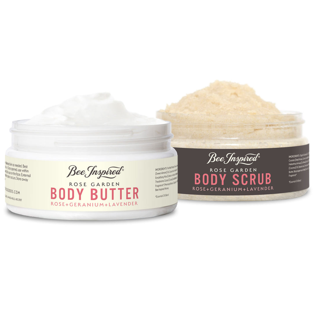 Rose Garden butter and scrub duo on white 