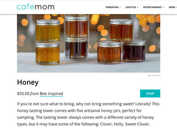 Image of Cafe Mom article featuring Bee Inspired Honey tasting Tower 