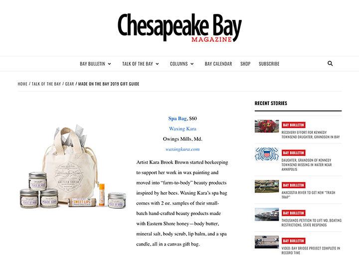 Image of Chesapeake Bay magazine article featuring the Spa Bag 