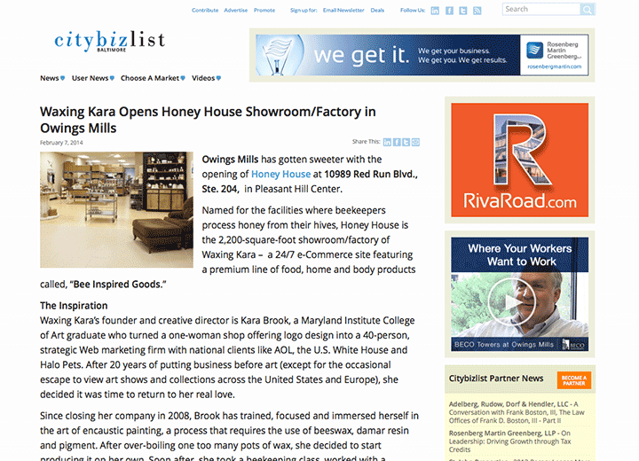 City Biz List article about the opening of the Owings Mills Honey House 