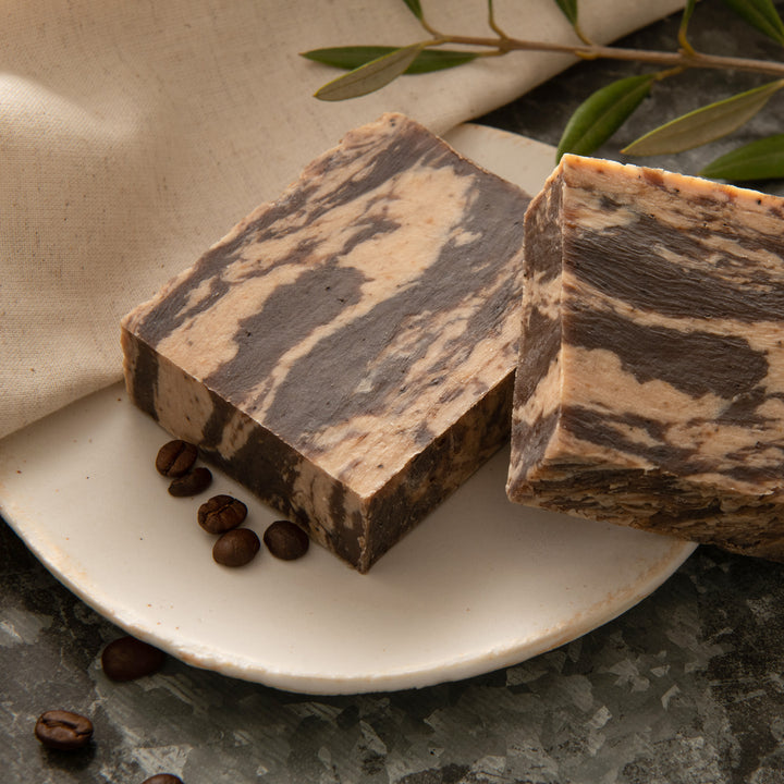 Coffee+Cream bar soaps on a plate 