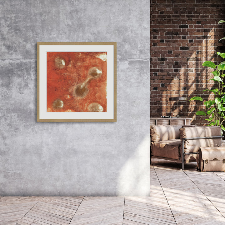 Outdoor lounge with gold and red painting on the wall 