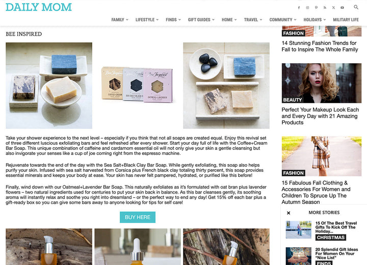 Image of Daily Mom article featuring Bee Inspired bar soaps 