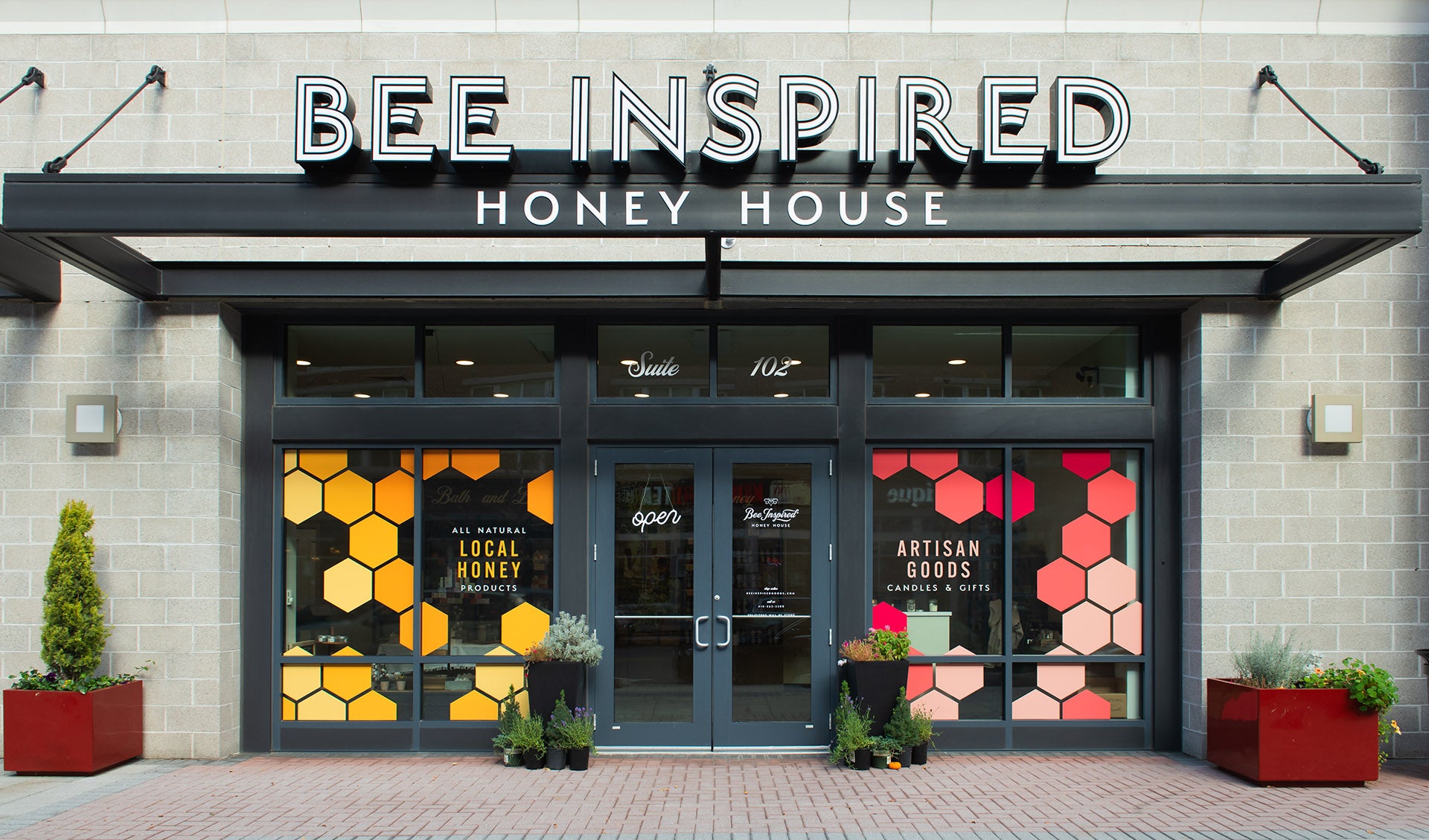 Main entrance of Bee Inspired Honey House storefront 